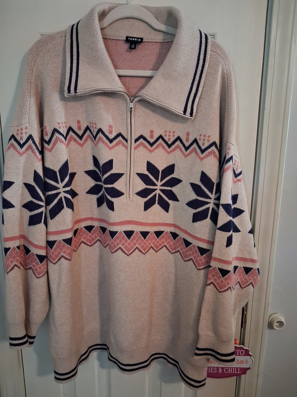 torrid Beige Zip-Neck Sweater with Navy & Pink Fair Isle Motif